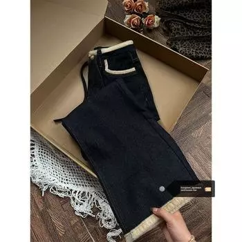 Plus Size Stylish Vintage Fleece-Lined Thick Jeans Women s Winter High Waist Straight-leg Loose Wide Leg Mop Pants Dark blue Quality Edition] S
