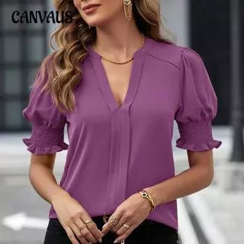 Plus Size Summer Women s Shirt V-neck Temperament Bubble Sleeve Solid Colour Shirt Short Sleeve Top