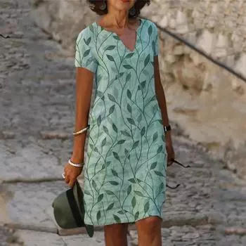 Plus Size Summer Women s V-Neck Printed Pattern Dress Loose Pullover Dresses XXXXXL синий