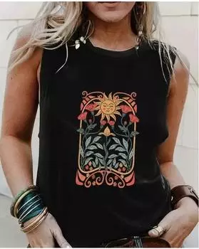 Plus Size Sun & Floral Print Crew Neck Tank Top, Casual Sleeveless Tank Top For Summer, Women s Plus Size Clothing 1XL чёрный