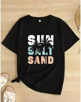 Plus Size SUN SALT SAND Print T-shirt, Casual Short Sleeve Crew Neck Top For Spring & Summer, Women s Plus Size Clothing 1XL чёрный