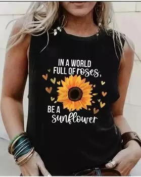 Plus Size Sunflower Print Crew Neck Tank Top, Casual Sleeveless Tank Top For Summer, Women s Plus Size Clothing 1XL чёрный