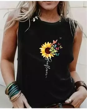Plus Size Sunflower Print Tank Top, Casual Crew Neck Sleeveless Tank Top For Summer, Women s Plus Size Clothing 1XL чёрный