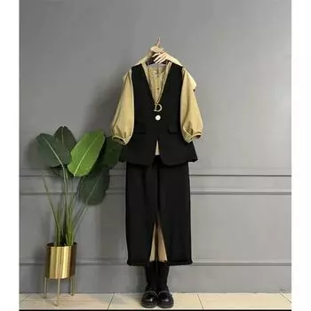Plus Size Super Slimming Lantern Sleeve round Neck Fashion Suit Brown three-piece set 3XL