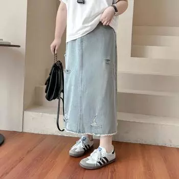 Plus size women clothing [American Gyaru Skirt] Summer Ripped Jeans Skirt Frayed High Waist Split Long Skirt Light Blue 36