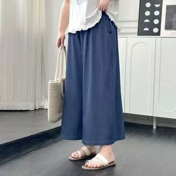 Plus size women clothing [Artistic Denim Skirted Leggings] Retro Casual Summer Chubby Girl High Waist Drape Wide Leg Cropped Pants Blue 6XL([Recommended 97.50 kg-112.50 kg]])