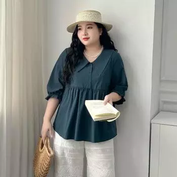 Plus size women clothing [Artistic Doll Shirt] Early Autumn New Lapel Flower Bud Sleeve 100.00kg Loose Age Reducing Shirts Navy blue 4XL