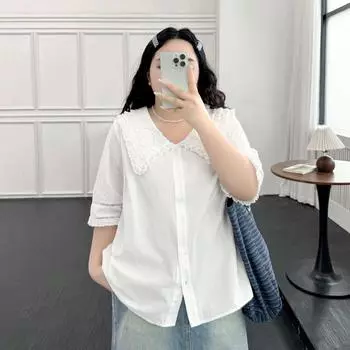 Plus size women clothing [Artistic Lace Shirts] Early Autumn Chubby Girl Hollow Embroidered Lapel Three-Quarter Sleeve Elegant Shirt Cheese White 3XL([Recommended 72.50 kg-77.50 kg]])