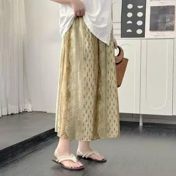 Plus size women clothing [Bohemian Skirt] Texture Retro Contrast Color Print Summer Chubby Girl High Waist Skirt Coffee Green 3XL([Recommended 72.50 kg-77.50 kg]])