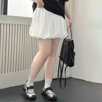 Plus size women clothing [Bright Moon Flower Room] White A Word Flower Buds Skirt Summer New Chubby Girl High Waist Short Skirt