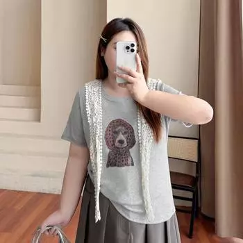 Plus size women clothing [Cartoon Puppy T] Chubby Girl Summer round Neck Print 100.00kg Belly Covering Short sleeve T-shirt Top Melange gray 3XL