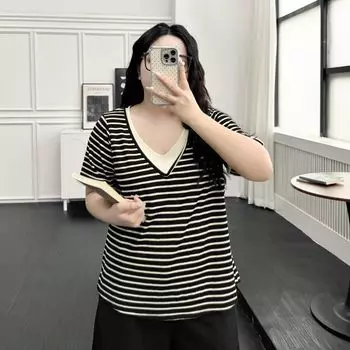 Plus size women clothing [Contrast Color Fake Two T] Double Layer V-neck Short sleeve T-shirt Belly Covering Loose Lazy Casual Top Black apricot strips 7xl