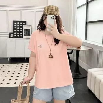 Plus size women clothing [Cute Puppy T] Summer round Neck Casual Embroidery T-shirt 100.00kg Belly Covering Slimming Top Sakura pollen 8xl