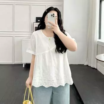 Plus size women clothing [Elegant Artistic Shirt] Summer Retro Casual Jacquard Embroidered Hollow round Neck Short sleeve Shirts