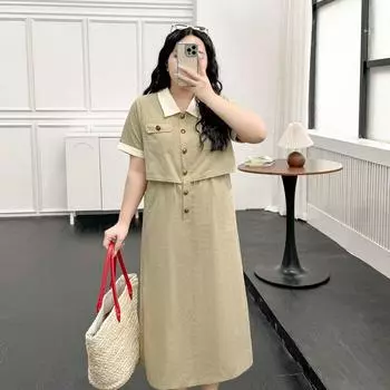Plus size women clothing [Fake Two-Piece Cargo Long Skirt] Chubby Girl Summer Super Slimming Covering Meat Patchwork Short sleeve Dress Green card. 4XL