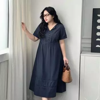 Plus size women clothing [French style Beautiful Long dress] Temperament Elegant Puff sleeve High Waist Belly Covering Slimming Short sleeve Dress Royal Blue 8xl