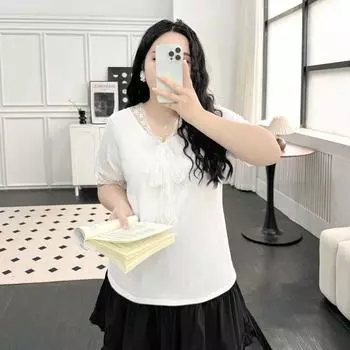 Plus size women clothing [French style Street T-shirt] Preppy Lace Stitching Bow 100.00kg Summer Short sleeve Top Cheese White 4XL