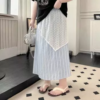 Plus size women clothing [French style Sweet Skirt] Summer Fake Two Pieces Lace Stitching Versatile Stripe Double Layer Skirt Blue Stripe 5XL
