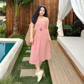 Plus size women clothing [French style Vacation Private Dress] Beautiful Temperament Backless High Waist Summer Slimming Sling Dress Pink 5XL([Recommended 87.50 kg-97.50 kg]])