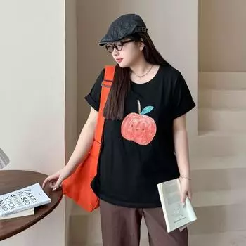 Plus size women clothing [Fun Cartoon Fruit T] Graffiti Print Summer Style Loose Short sleeve Mid-Length T-shirt Top Lazy Black 4XL