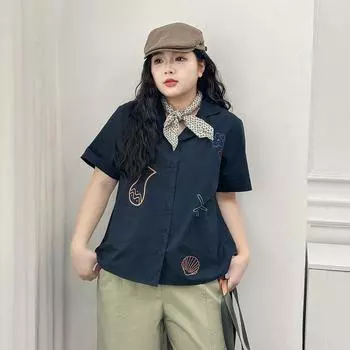 Plus size women clothing [Fun Cartoon Shirts] Print Loose Short sleeve Shirt Summer Chubby Girl Temperament Casual Top Dark Blue 3XL