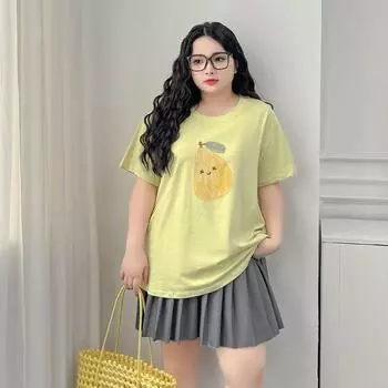 Plus size women clothing [Fun Fruit T] Summer Chubby Girl Short sleeve round Neck Print 100.00kg Meat Covering Mid-Length Top PRIMERA 7xl