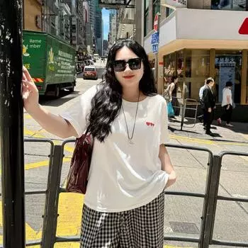 Plus size women clothing [Hong Kong Style Street T] Chubby Girl Design Love Embroidery Short sleeve T-shirt Summer Belly Covering Top Cheese White 3XL([Recommended 72.50 kg-77.50 kg]])