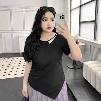 Plus size women clothing [Irregular Slimming Cover Meat T-shirt] Chubby Girl Decorative Button Design Sense Waist Hugging 100.00kg Short sleeve Top Mysterious Black 3XL