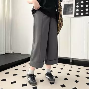 Plus size women clothing [Korean Series Cropped Pants] Chubby Girl Summer Drape Suit Casual Loose Curling Straight Wide-Leg Pants Dark gray 5XL