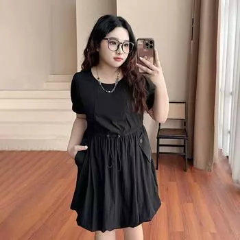 Plus size women clothing [Korean Series Flower Bud Skirt] Chubby Girl round Neck Waist Hugging Belly Covering 100.00kg Slimming Short sleeve Dress Mysterious Black 6XL