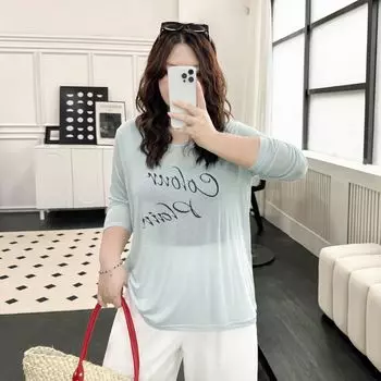 Plus size women clothing [Lightweight Cool Feeling Tencel T] Chubby Girl Summer Letters Print round Neck Slightly Transparent Long sleeves Shirt Top