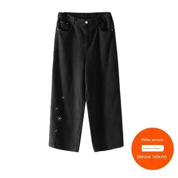 Plus size women clothing [Loose Jeans] Three Pants Length Early Autumn New Retro Embroidered High Waist Loose Wide Leg Pants