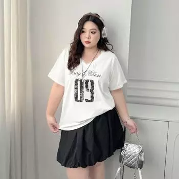Plus size women clothing [Los Angeles Street T] American Letters Print Short sleeve T-shirt Lace V-neck 100.00kg Top Cheese White 5XL