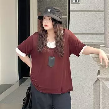 Plus size women clothing [Lyocell Stacked T] Double-Layer Contrast Color round Neck Loose Summer Short sleeve 100.00kg Belly Covering T-shirt Brown red 4XL([Recommended 77.50 kg-87.50 kg]])