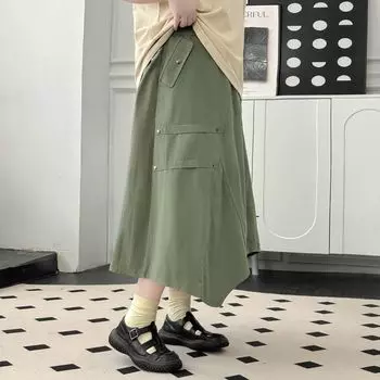 Plus size women clothing [Mountain Outdoor Overalls Skirt] Irregular Design Summer Loose High Waist Skirt Green 7xl