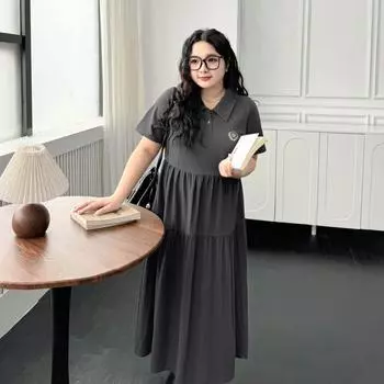 Plus size women clothing [Popular Beautiful Skirts This Year] Preppy Badge Embroidered High Waist Summer Short sleeve Dress