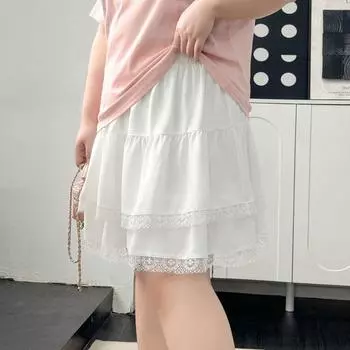 Plus size women clothing [Puffy Cake Skirt] Elegant Double Layer Lace Stitching High Waist A Word Short dress Gentle Skirt Cheese White 4XL([Recommended 77.50 kg-87.50 kg]])