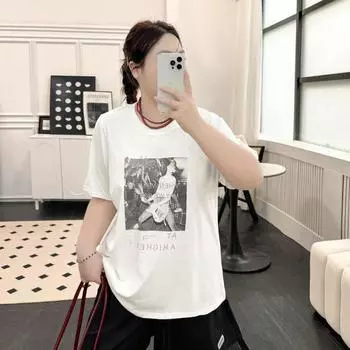 Plus size women clothing [Rock Guitarist] Retro Print T-shirt Summer 100.00kg Belly Covering Mid-Length Top