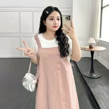 Plus size women clothing [Salt Sweet Suspender Skirt] Summer Chubby Girl Preppy Casual Meat Covering Loose Full Body Dress Skin powder 3XL([Recommended 72.50 kg-77.50 kg]])