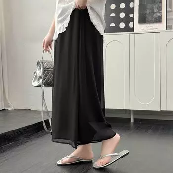 Plus size women clothing [Streamer Chiffon Culottes] Summer Chubby Girl High Waist Loose Drape Casual Capri Wide Leg Pants