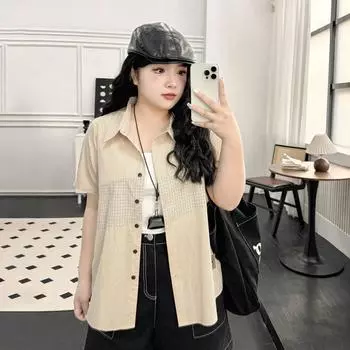 Plus size women clothing [Street Retro Shirts] Simple Casual Summer Chubby Girl Loose Plaid Patchwork Short sleeve Shirt Light Beige 9xl