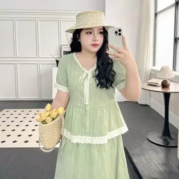 Plus size women clothing [Summer Highlights Set] Chubby Girl Summer Stripe Lace Top Skirt Two-piece Set