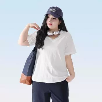 Plus size women clothing [Tencel Linen Cool Feeling T] Summer Leisure V-neck Short sleeve T-shirt 100.00kg Belly Covering Loose Top Cheese White 5XL([Recommended 87.50 kg-97.50 kg]])