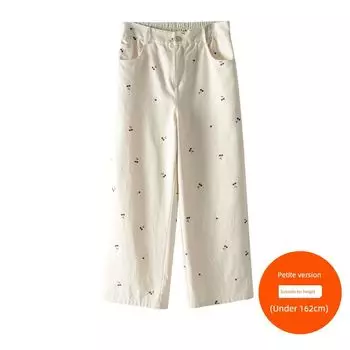 Plus size women clothing [Three Pants Length Options] Cherry Print Wide Leg Casual Pants Summer High Waist Slimming Straight Trousers Meters apricot (under 162cm) 7xl