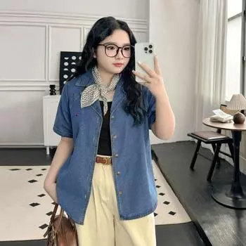Plus size women clothing [Treasure Demin shirt] Retro Embroidery Design Sense Summer 100.00kg Short sleeve Shirt Outerwear