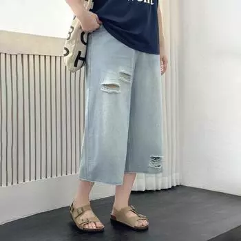 Plus size women clothing [Trendy Match Ripped Jeans] Summer Chubby Girl High Waist Frayed Straight Pants Casual Capri Pants