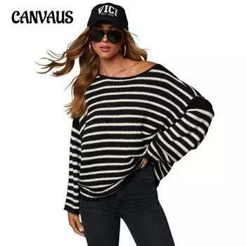 Plus Size Women s All In One Striped Knit Sweater Loose Shoulder Bat Long Sleeved Top S коричневый/чёрный