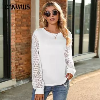 Плюс Размер Женский Осенний Длинный Рукав Круглый Вырез Повседневный Свободный Трикотажный Топ S белый