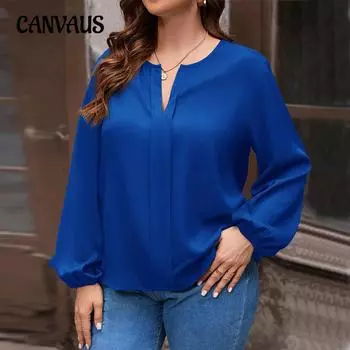 Plus Size Women s Autumn New Solid Color V Neck Loose Casual Long Sleeved Top 1XL синий
