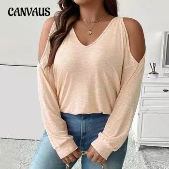 Plus Size Women s Autumn Sexy Off The Shoulder V Neck Loose Casual Solid Color Long Sleeve Top 1XL оранжевый